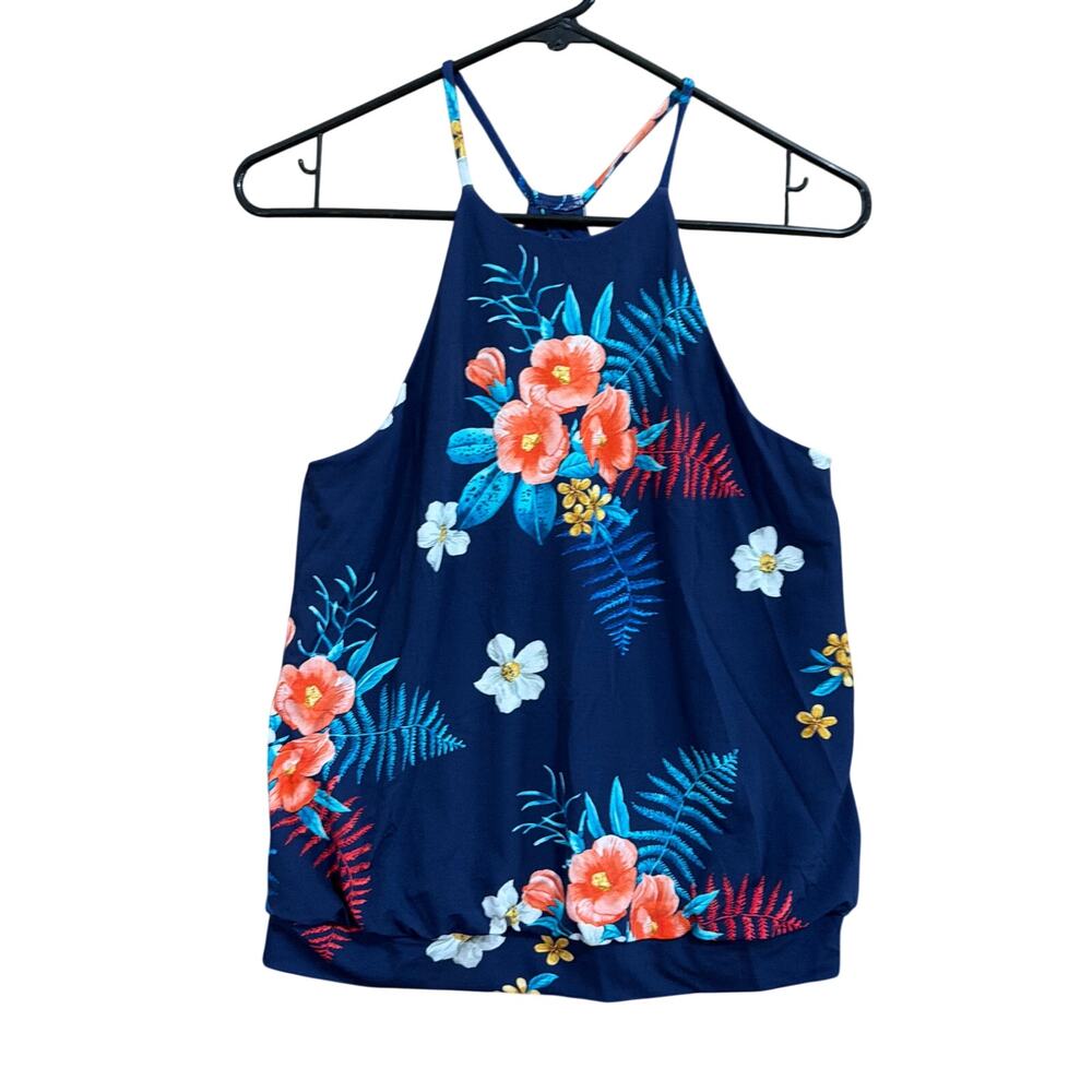 Express Womens Blouse Blue Floral Tank Sleeveless WaistBand Lined Stretch XS